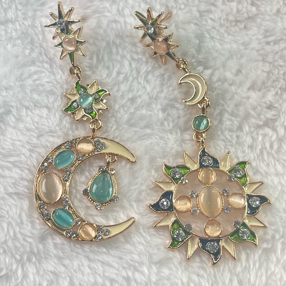 Gold Moon Star Dangling Earrings
